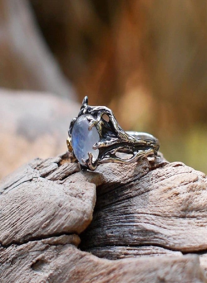 Hsitgexf Unique Vintage Flowering Twig Rainbow Moonstone Engagement Ring for Women,Victorian Style Solitaire Ring Thai Silver Jewelry (US Size 9) - Image 4